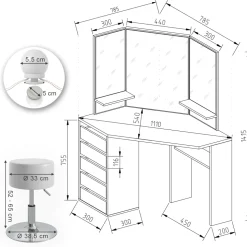 Eckschminktisch Arielle Weiß 110 cm mit Hocker Vicco