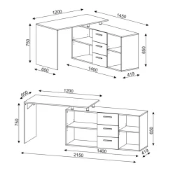 Eckschreibtisch Dante Weiß 215 x 60 cm Vicco