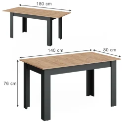 Esstisch Repose Anthrazit/Goldkraft Eiche 180 x 80 cm ausziehbar Vicco