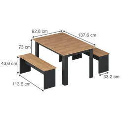Esstisch Set Sentio Anthrazit/Goldkraft Eiche 137.6 x 92.8 cm mit 2 Bänken Vicco
