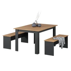 Esstisch Set Sentio Anthrazit/Goldkraft Eiche 137.6 x 92.8 cm mit 2 Bänken Vicco