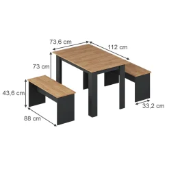 Esstisch Set Sentio Anthrazit/Goldkraft Eiche 112 x 73.6 cm mit 2 Bänken Vicco