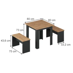 Esstisch Set Sentio Anthrazit/Goldkraft Eiche 80 x 80 cm mit 2 Bänken Vicco