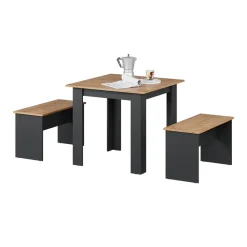 Esstisch Set Sentio Anthrazit/Goldkraft Eiche 80 x 80 cm mit 2 Bänken Vicco