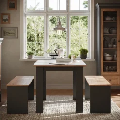 Esstisch Set Sentio Anthrazit/Goldkraft Eiche 80 x 80 cm mit 2 Bänken Vicco