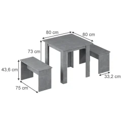Esstisch Set Sentio Beton 80 x 80 cm mit 2 Bänken Vicco
