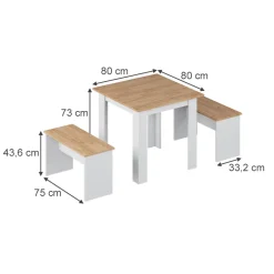 Esstisch Set Sentio Goldkraft Eiche/Weiß 80 x 80 cm mit 2 Bänken Vicco