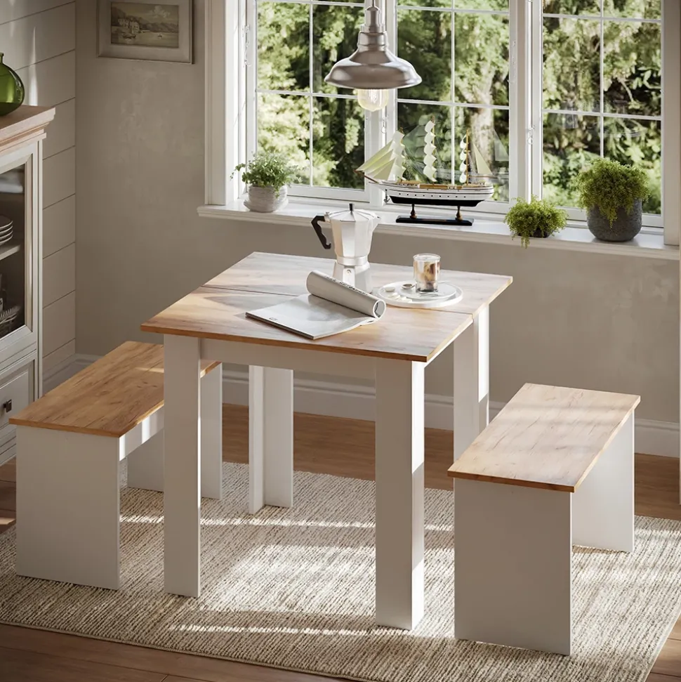 Esstisch Set Sentio Goldkraft Eiche/Weiß 80 x 80 cm mit 2 Bänken Vicco