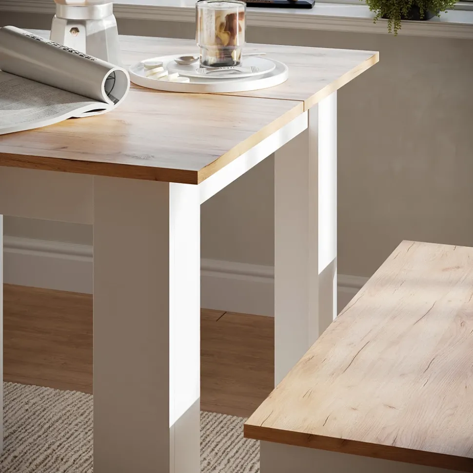 Esstisch Set Sentio Goldkraft Eiche/Weiß 80 x 80 cm mit 2 Bänken Vicco