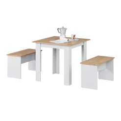Esstisch Set Sentio Goldkraft Eiche/Weiß 80 x 80 cm mit 2 Bänken Vicco