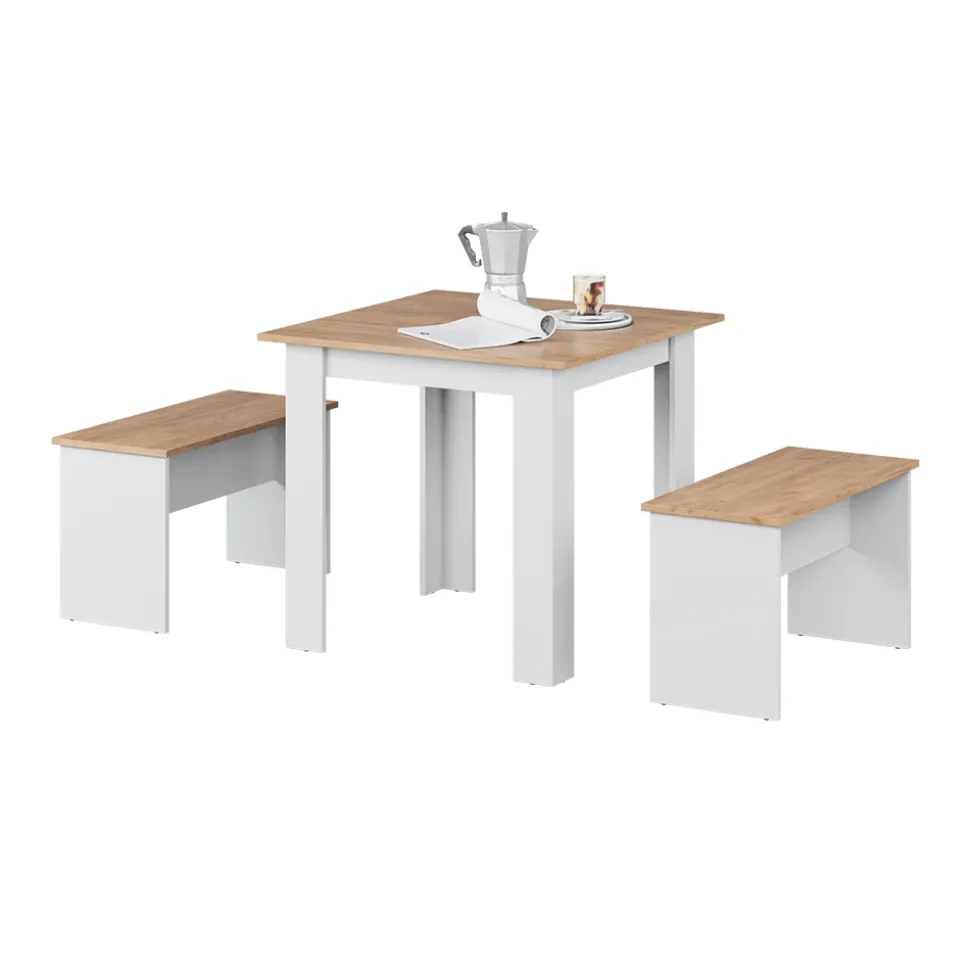 Esstisch Set Sentio Goldkraft Eiche/Weiß 80 x 80 cm mit 2 Bänken Vicco