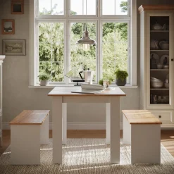 Esstisch Set Sentio Goldkraft Eiche/Weiß 80 x 80 cm mit 2 Bänken Vicco