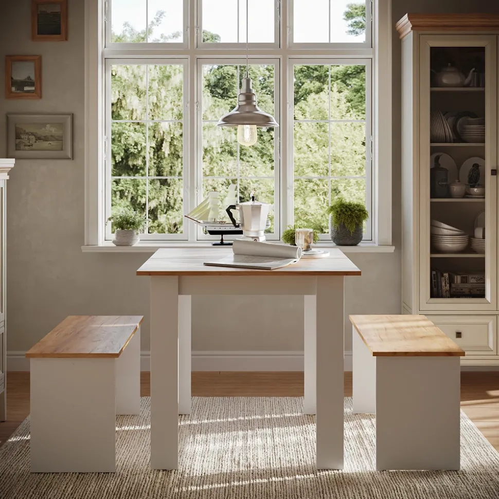 Esstisch Set Sentio Goldkraft Eiche/Weiß 80 x 80 cm mit 2 Bänken Vicco