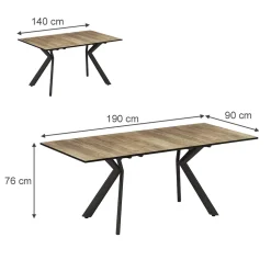Esstisch Trill Eiche rustikal/Schwarz 140 x 90 cm ausziehbar Vicco