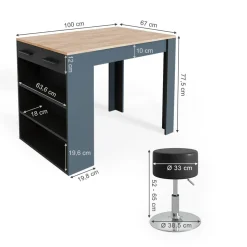 Esstisch-Set Repose Anthrazit/Goldkraft Eiche 67 x 100 cm mit 2 Hockern Vicco