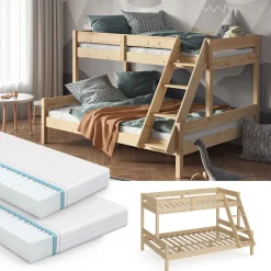 Etagenbett Everest Naturholz 140x200 / 90x200 cm mit 2 Matratzen Vitalispa