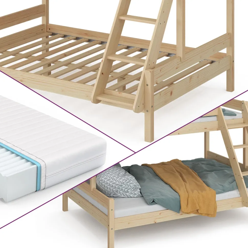 Etagenbett Everest Naturholz 140x200 / 90x200 cm mit 2 Matratzen Vitalispa