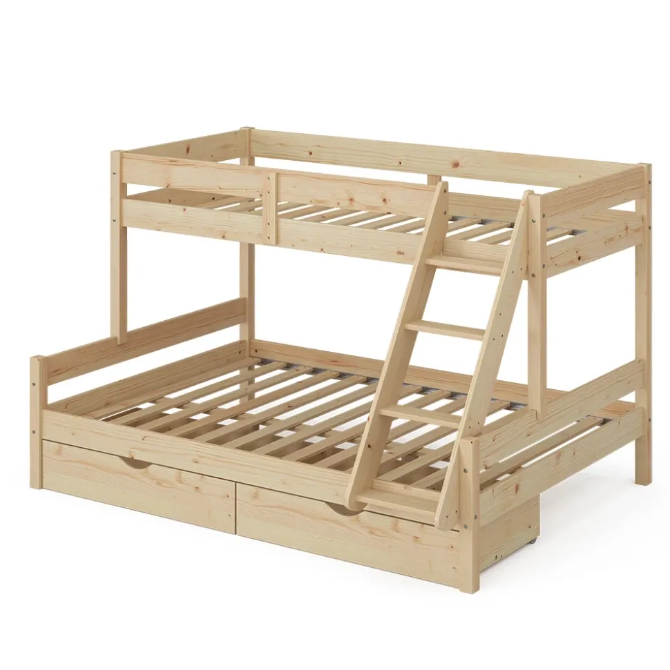 Etagenbett Everest Naturholz 140x200 / 90x200 cm mit Schubladen Vitalispa