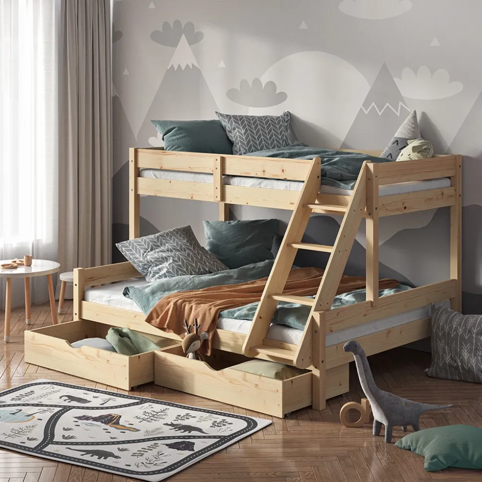 Etagenbett Everest Naturholz 140x200 / 90x200 cm mit Schubladen Vitalispa