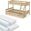 Etagenbett Everest Naturholz 120x200 / 80x200 cm mit 2 Matratzen und 2 Schubkästen Vitalispa
