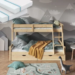 Etagenbett Everest Naturholz 120x200 / 80x200 cm mit 2 Matratzen und 2 Schubkästen Vitalispa