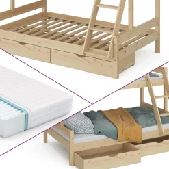 Etagenbett Everest Naturholz 120x200 / 80x200 cm mit 2 Matratzen und 2 Schubkästen Vitalispa