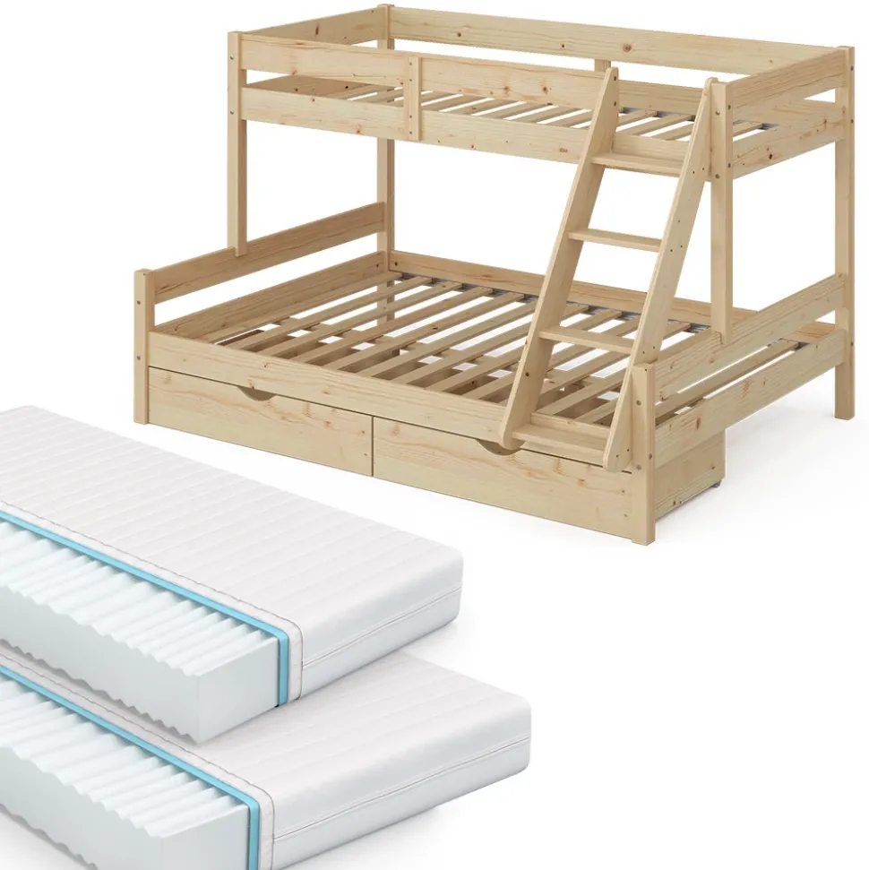 Etagenbett Everest Naturholz 140x200 / 90x200 cm mit 2 Matratzen und 2 Schubkästen Vitalispa