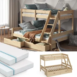 Etagenbett Everest Naturholz 140x200 / 90x200 cm mit 2 Matratzen und 2 Schubkästen Vitalispa
