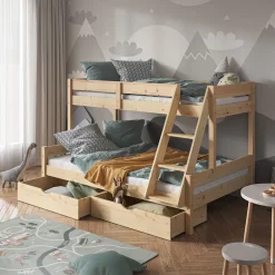 Etagenbett Everest Naturholz 120x200 / 80x200 cm mit Schubladen Vitalispa