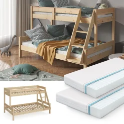 Etagenbett Everest Naturholz 120x200 / 80x200 cm mit 2 Matratzen Vitalispa