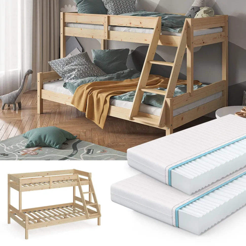 Etagenbett Everest Naturholz 120x200 / 80x200 cm mit 2 Matratzen Vitalispa