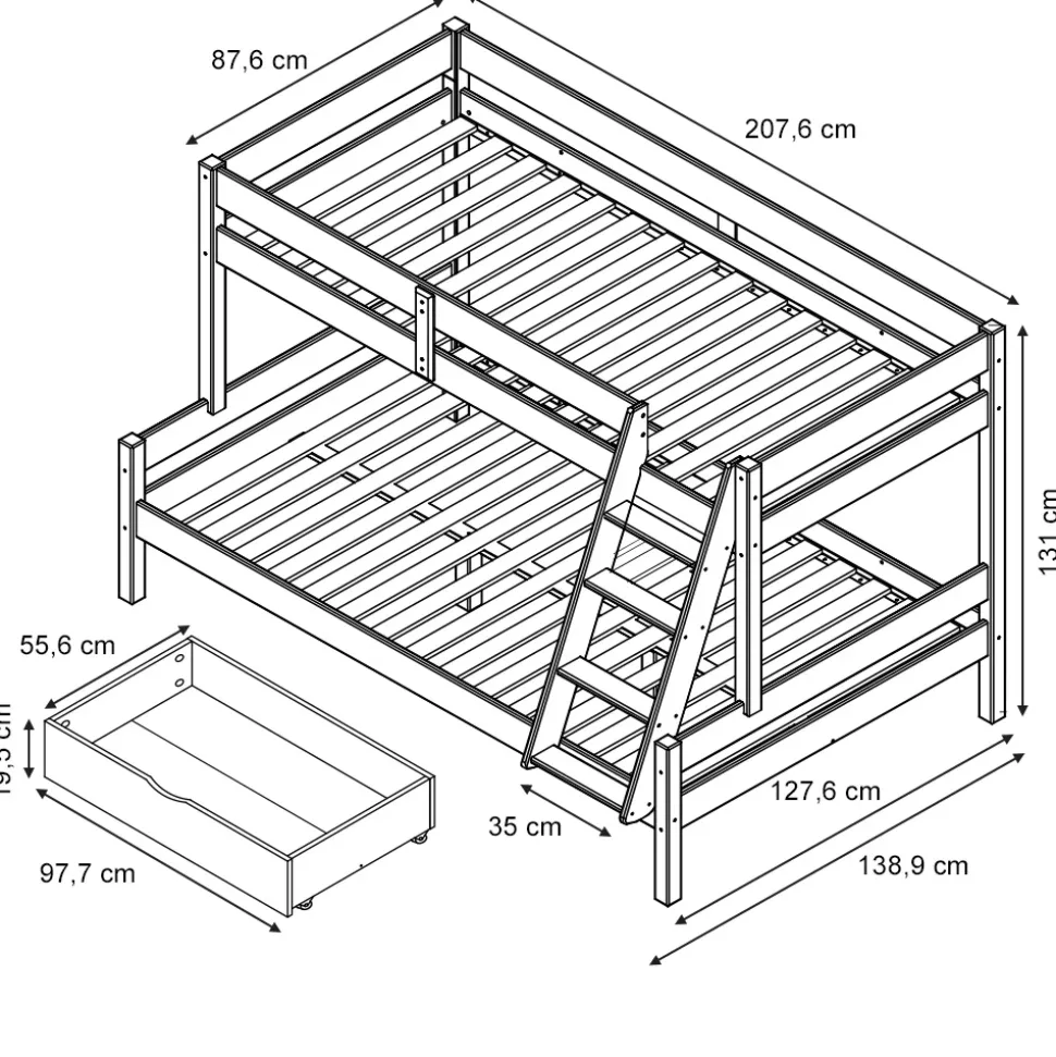 Etagenbett Everest Weiß 120x200 / 80x200 cm mit Schubladen Vitalispa