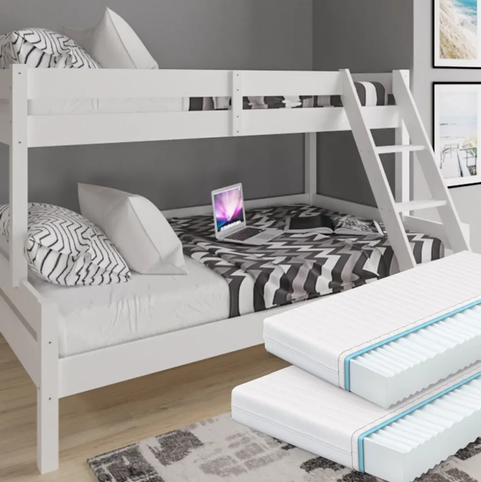 Etagenbett Everest Weiß 140x200 / 90x200 cm mit 2 Matratzen Vitalispa