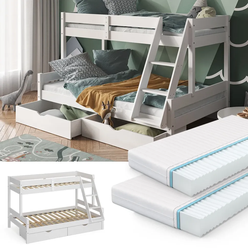 Etagenbett Everest Weiß 120x200 / 80x200 cm mit 2 Matratzen und 2 Schubkästen Vitalispa