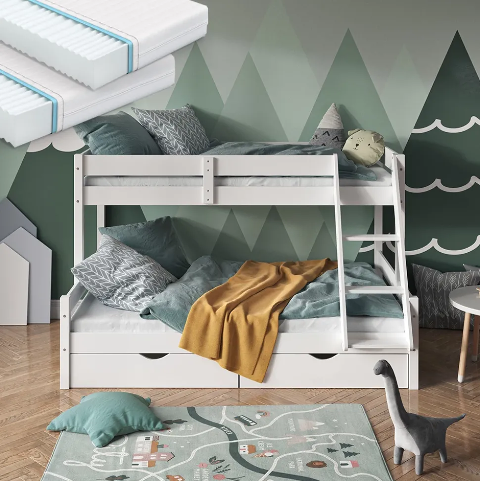 Etagenbett Everest Weiß 120x200 / 80x200 cm mit 2 Matratzen und 2 Schubkästen Vitalispa