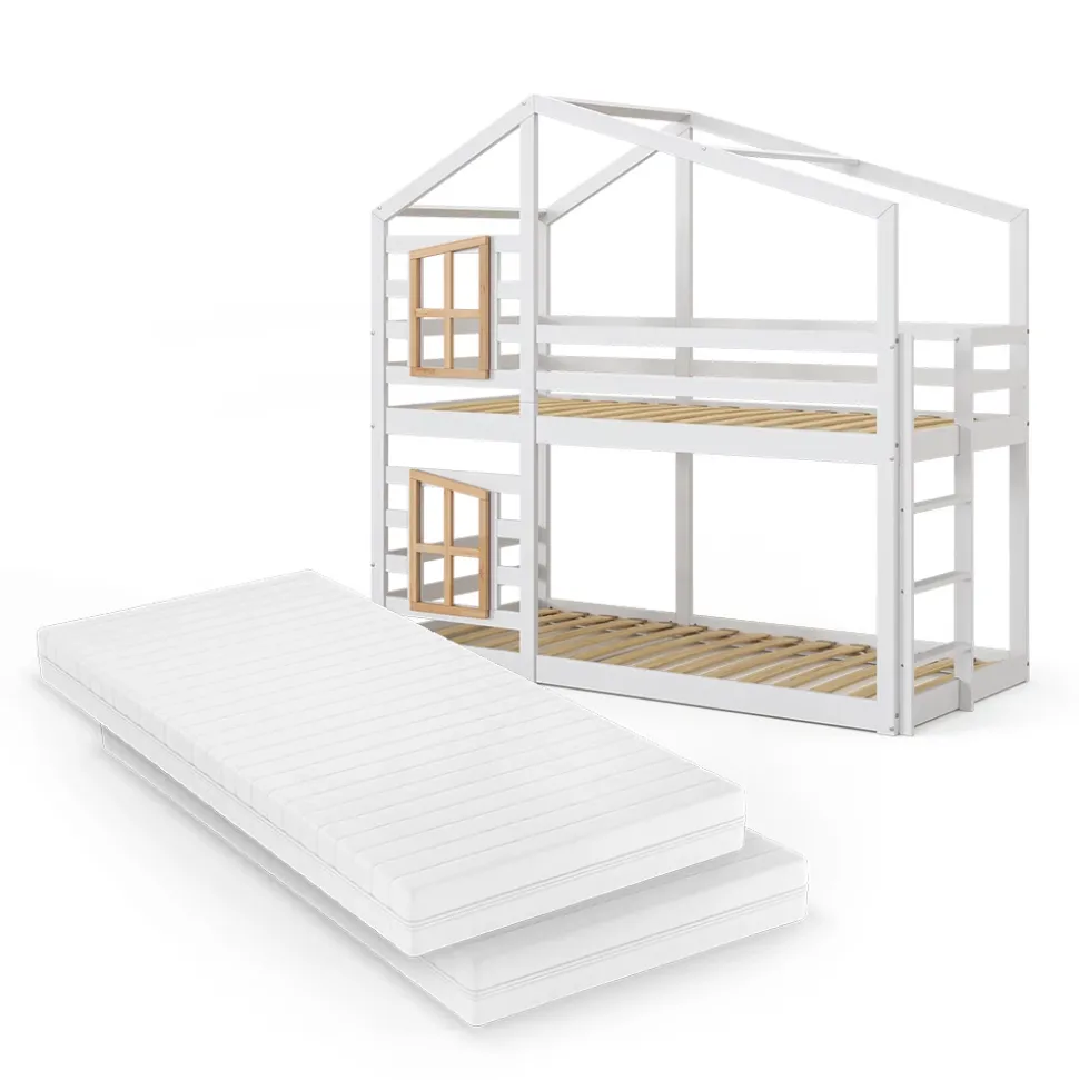 Etagenbett Maja Weiß 90x200 cm mit 2 Matratzen Vitalispa