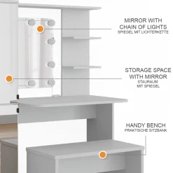 Frisierkommode Jasmin Weiß 123 cm mit LED-Beleuchtung und Bank Vicco
