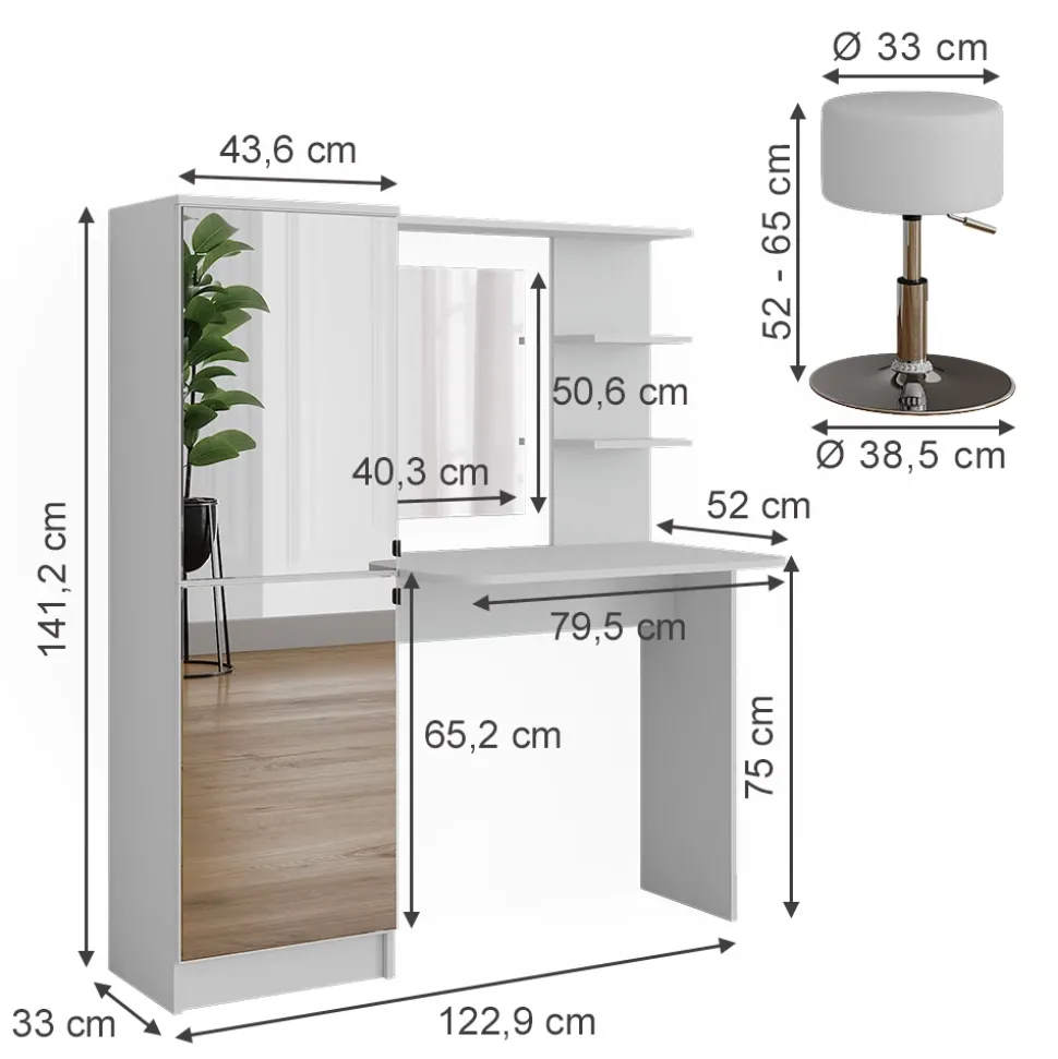 Frisiertisch Jasmin Weiß 123 x 141.2 cm mit Hocker Vicco