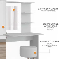 Frisiertisch Jasmin Weiß 123 x 141.2 cm mit Hocker Vicco