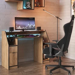 Gaming-Tisch Joel Goldkraft Eiche 123.2 x 45 cm mit 1 Schublade und 1 Tür Vicco