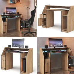 Gaming-Tisch Joel Goldkraft Eiche 123.2 x 45 cm mit 1 Schublade und 1 Tür Vicco