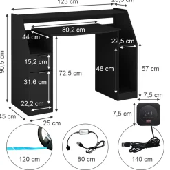 Gaming-Tisch Tails Schwarz 123 x 45 cm mit LED & QI Vicco