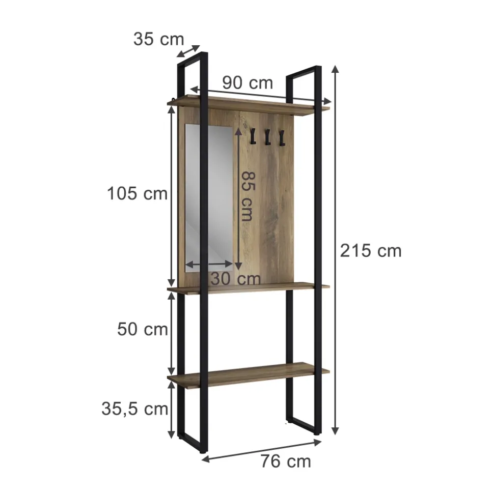Garderobe Livi Anthrazit 90 x 215 cm mit Hacken und Spiegel Vicco