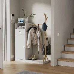 Garderobenschrank Liria Weiß/Bambus 100 x 145 cm mit Schublade Vicco