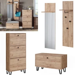 Garderobenset Siri Goldkraft Eiche Set mit Wandgarderoben, Sitzbank und Schuhschrank Vicco