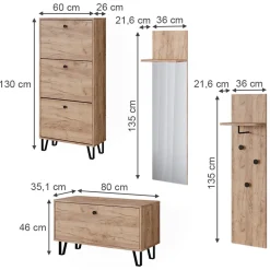 Garderobenset Siri Goldkraft Eiche Set mit Wandgarderoben, Sitzbank und Schuhschrank Vicco