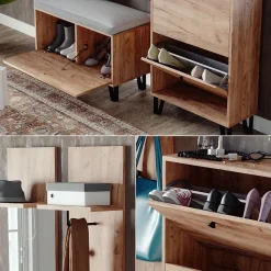 Garderobenset Siri Goldkraft Eiche Set mit Wandgarderoben, Sitzbank und Schuhschrank Vicco