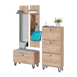 Garderobenset Siri Goldkraft Eiche Set mit Wandgarderoben, Sitzbank und Schuhschrank Vicco