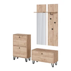 Garderobenset Siri Goldkraft Eiche Set mit Wandgarderoben, Sitzbank und Schuhschrank Vicco