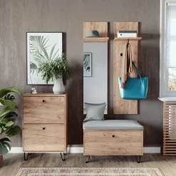 Garderobenset Siri Goldkraft Eiche Set mit Wandgarderoben, Sitzbank und Schuhschrank Vicco